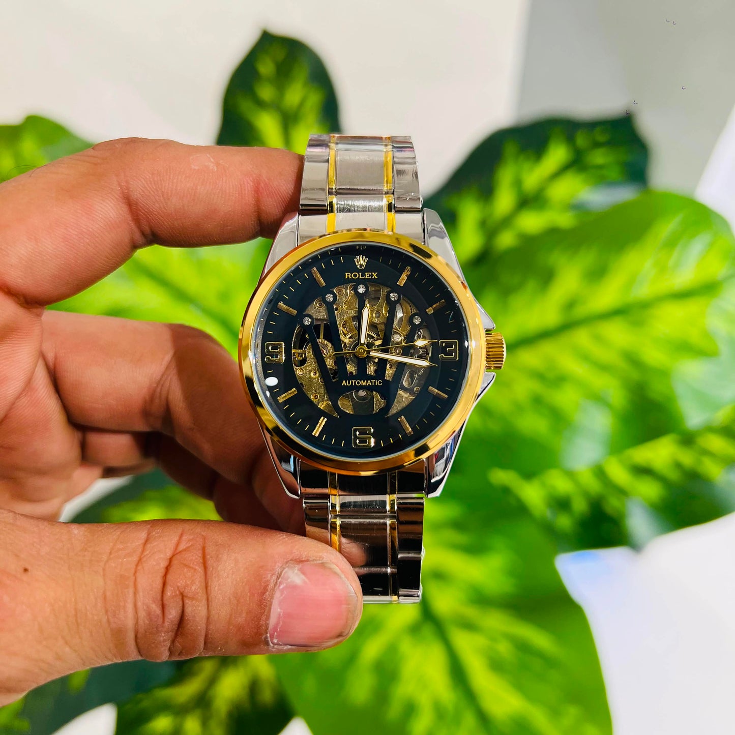 Watch rolex silver gold black automatic