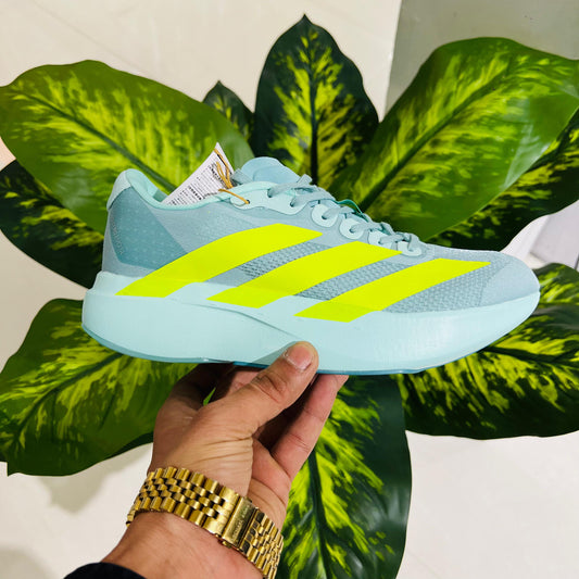 Shoes adidas Adizero Evo SL in the Semi Flash Aqua and Lucid Lemon colorway blue neon