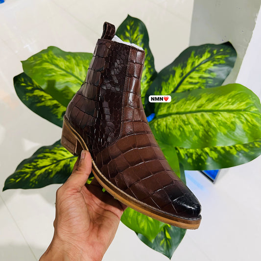 Formal chelsea numen cuban heel croc leather brown