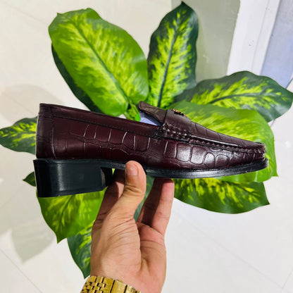 Formal belly croco leather og touch embossed hand crafted cuban heel cherry wine color high end