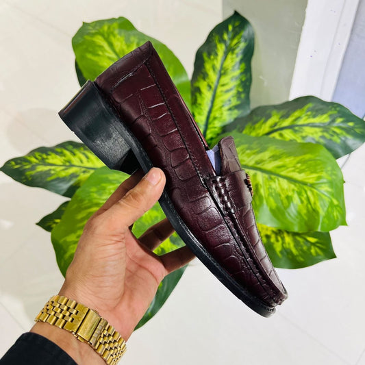 Formal belly croco leather og touch embossed hand crafted cuban heel cherry wine color high end