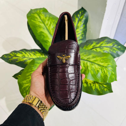Formal belly croco leather og touch embossed hand crafted cuban heel cherry wine color high end