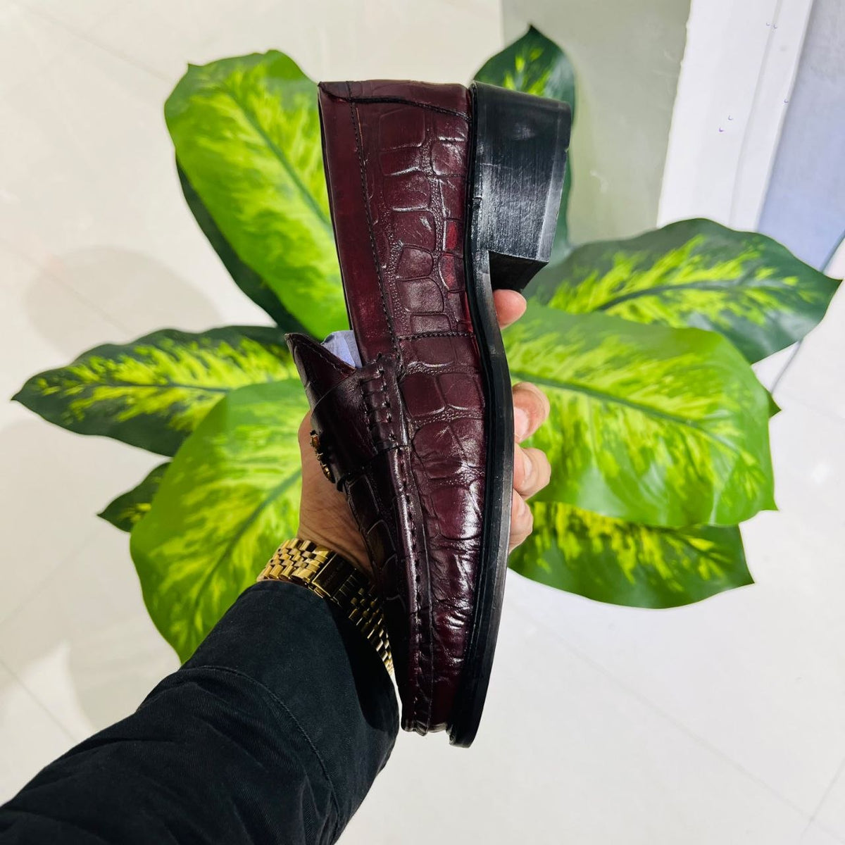 Formal belly croco leather og touch embossed hand crafted cuban heel cherry wine color high end