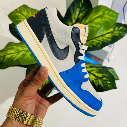 Shoes nike air jordan 1 low grey black blue