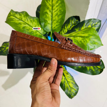 Formal belly brown croc leather cuban heel woodsole woodcolor