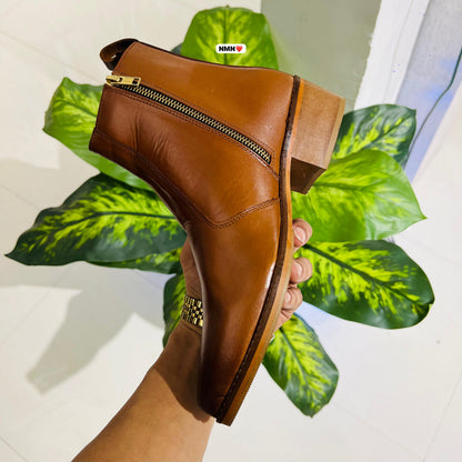 Formal chelsea brown cuban heel woodsole woodcolor metal zip