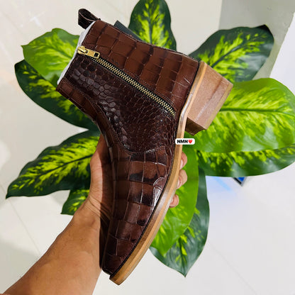 Formal chelsea numen cuban heel croc leather brown