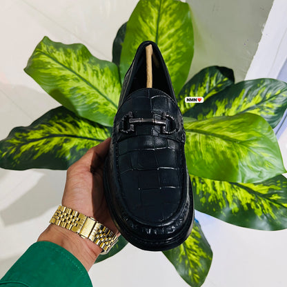 Formal belly croc leather black cuban heel gunmetal grey buckle