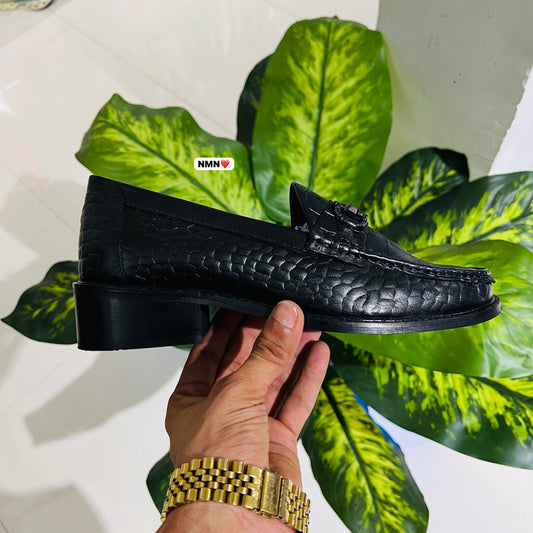 Formal belly croc leather black cuban heel gunmetal grey buckle