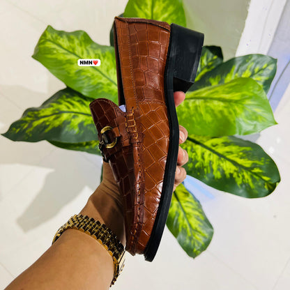 Formal belly brown croc leather cuban heel woodsole woodcolor
