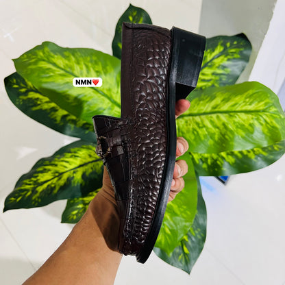 Formal belly numen cuban heel croc leather brown red bottom