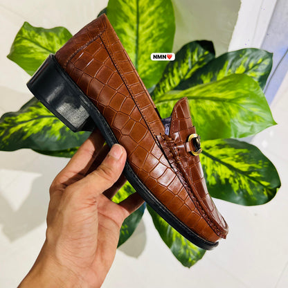 Formal belly brown croc leather cuban heel woodsole woodcolor