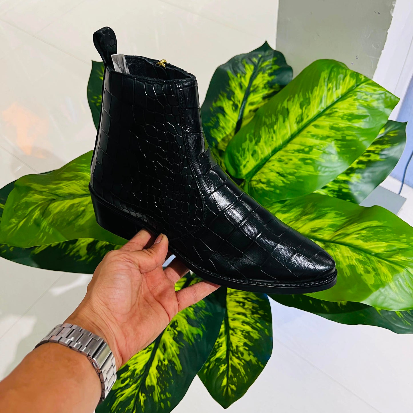 Formal chelsea black croc leather cuban heel