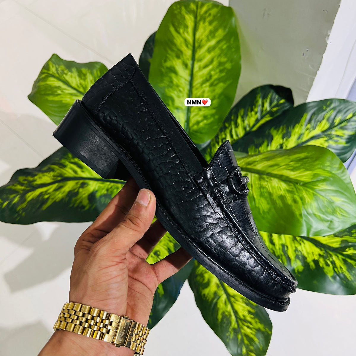 Formal belly croc leather black cuban heel gunmetal grey buckle